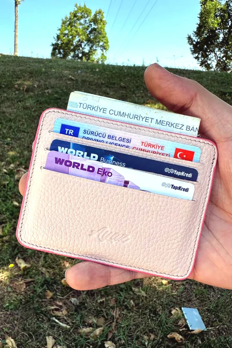 Hakiki Deri Çift taraflı Oval Kartlık - Pudra